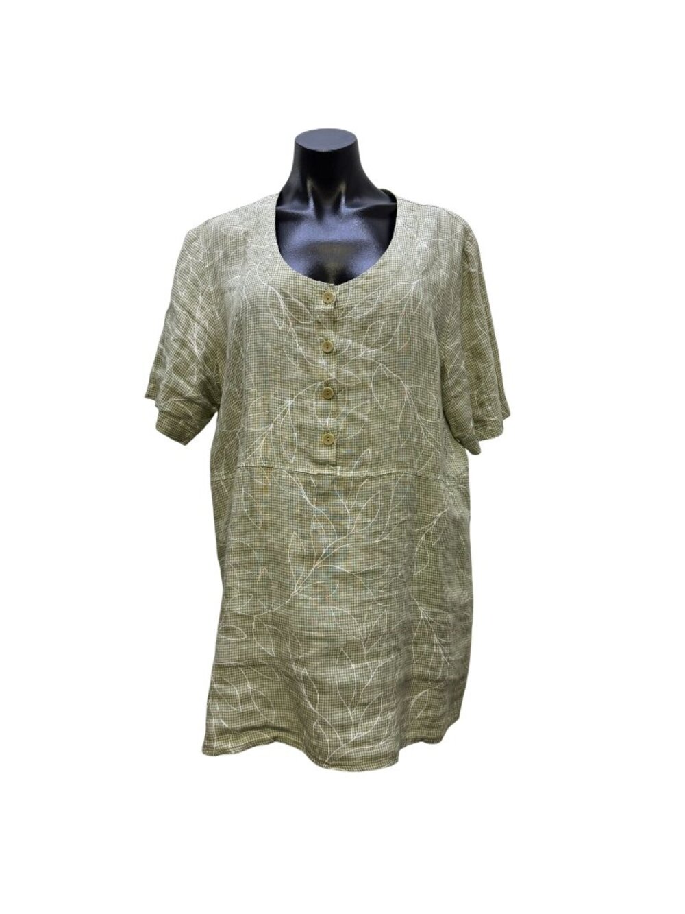 Flax Linen Blouse Green White Floral Button Front L